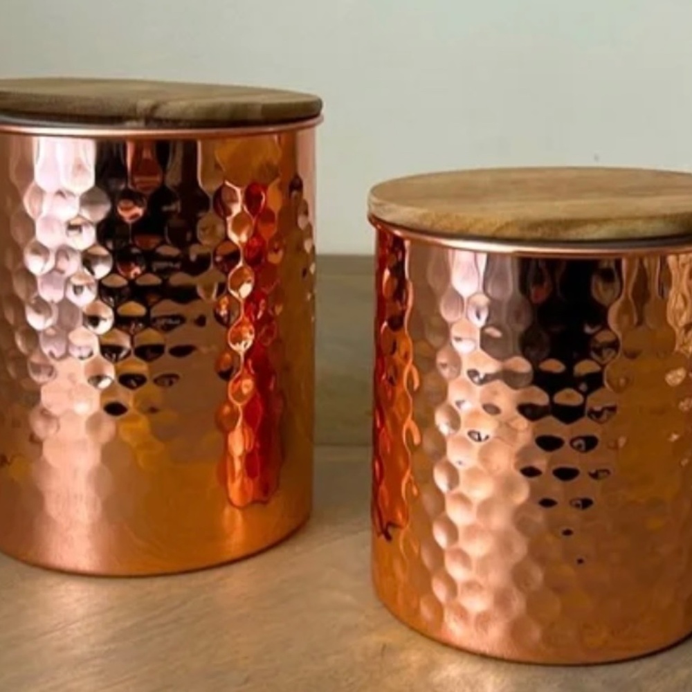 Uncommon James Set of 2 Hammered Copper Canisters Large Small Sealed Wooden Lids